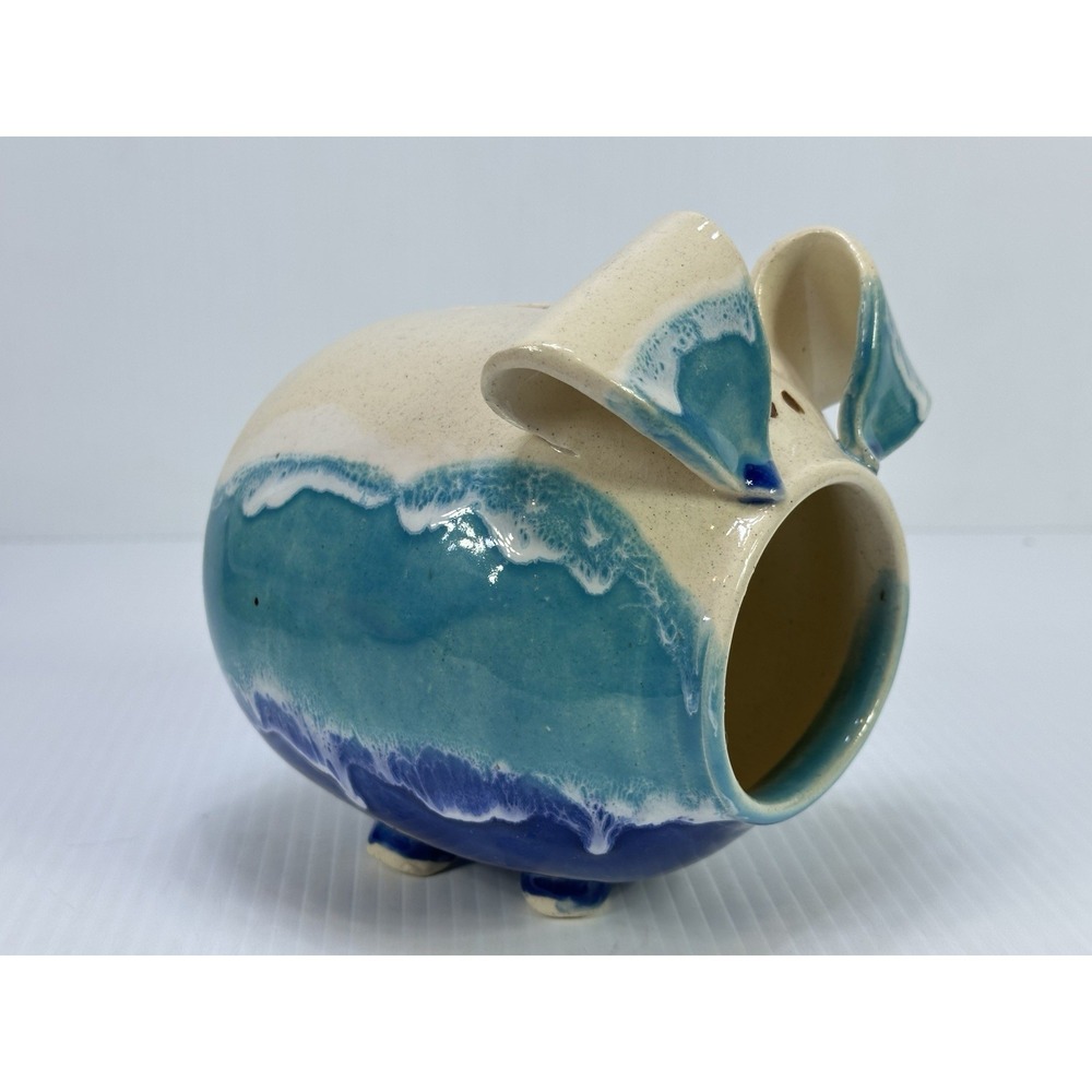 Art Pottery Pig Piggy Bank Handmade Studio Drip Glaze Signed KJL Pottery Blue